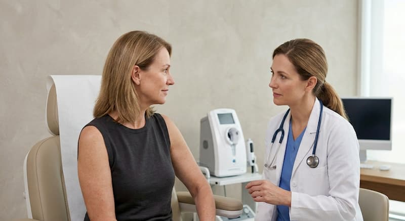 Doctora evaluando la firmeza de la piel en los brazos de una paciente
