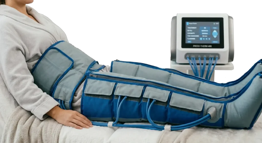 Paciente relajada durante una sesión de presoterapia general para drenaje linfático