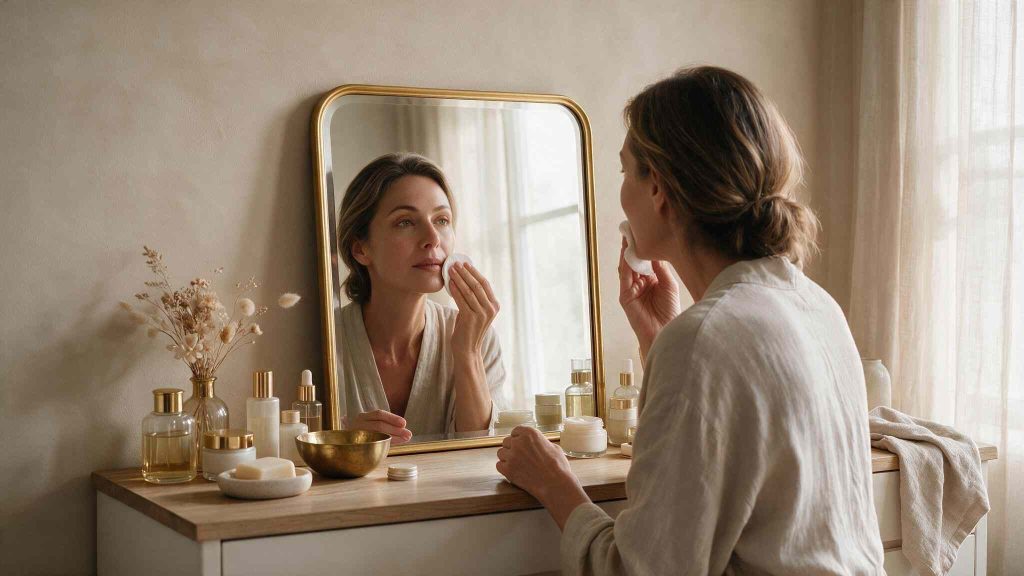 Mujer realizando una rutina de cuidado de la piel y well-aging